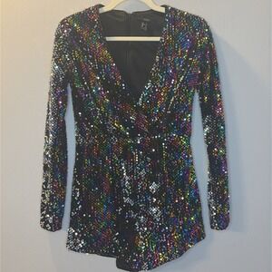 VTG Rainbow Sequin Long Sleeve Party Cocktail V Neck Glam Mardi Gras Romper S